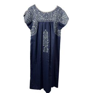 Women's Handmade XL Navy Blue Maxi Dress with Light Blue & Silver Embroidery